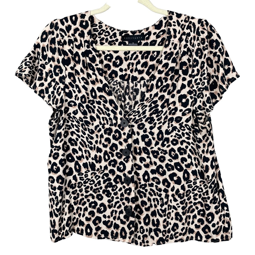 Sanctuary Top Womens Medium Beige‎ Animal Print Button Up Short Sleeve Blouse